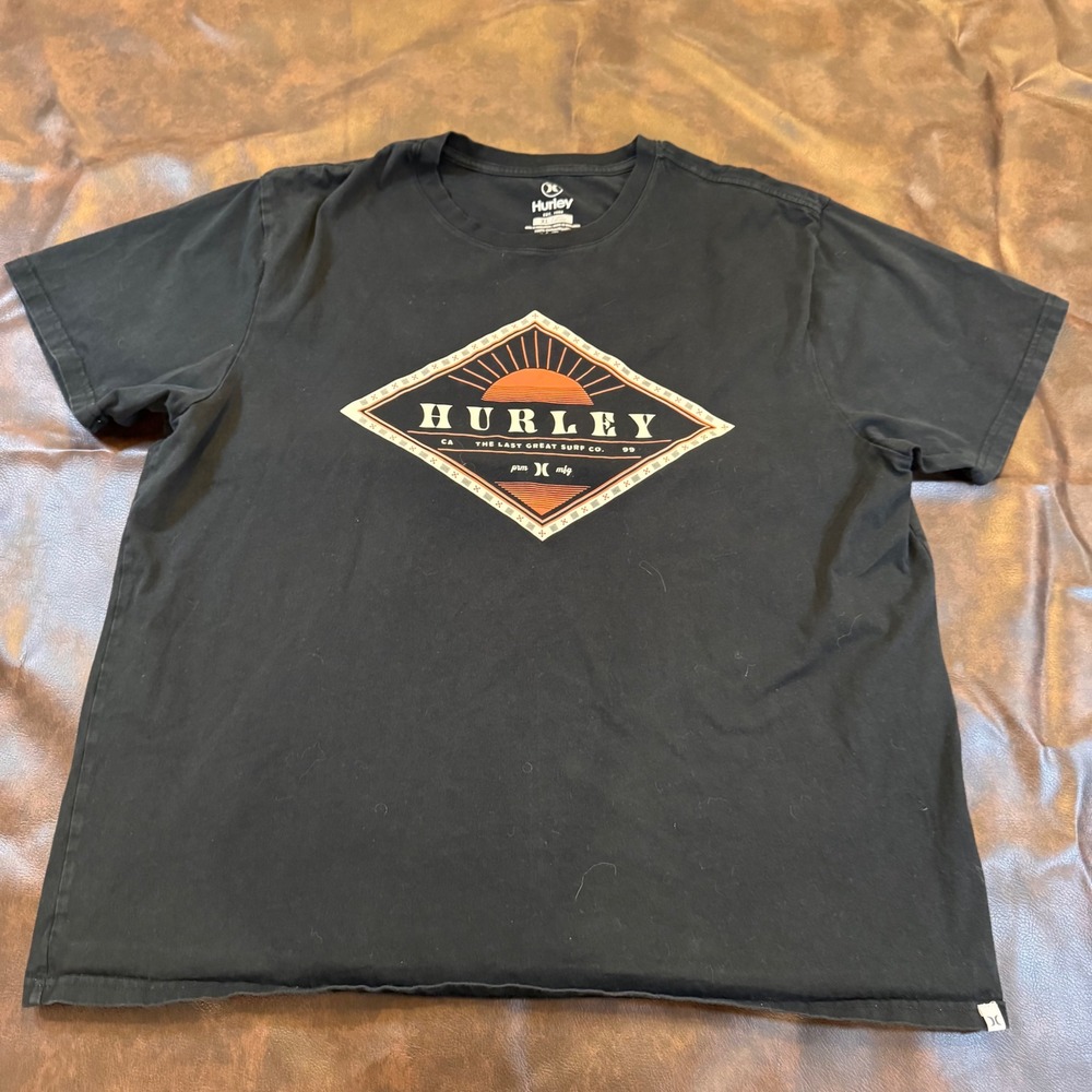 Hurley Mens Graphic T-Shirt Black Sunset Surf Cotton Skate Short Sleeve Sz XL